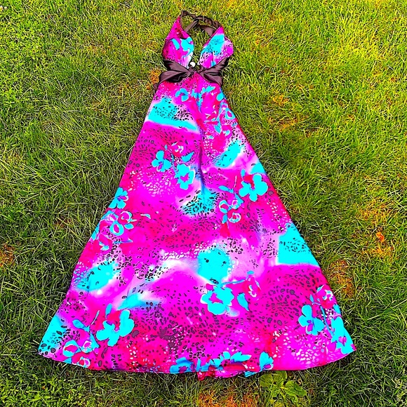 JOLIE silk satin halter v neck bold multicolour floral prom/formal dress. - Picture 1 of 14